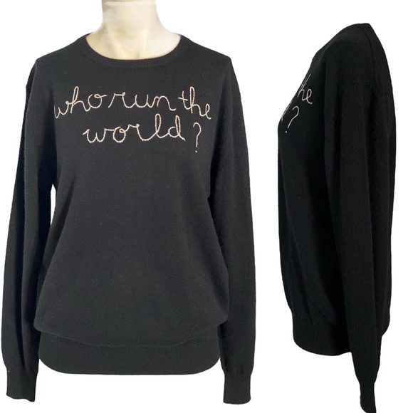 LINGUA FRANCA Sweaters - Lingua Franca Who Run The World Embroidered Black Cashmere Crewneck Sweater Sz L